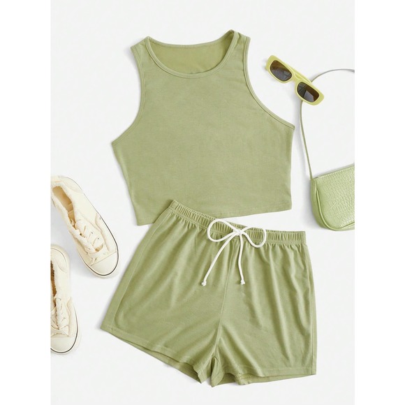 black two piece set: Crop Tank Top & Knot Front Shorts athleisure - Picture 9 of 11